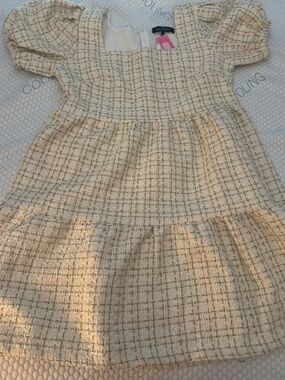 Simply Southern Cream Tweed Plaid Puff Sleeve Dress